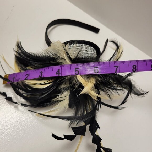 Black and Cream Feathers Fascinator on a Headband - Picture 9 of 14